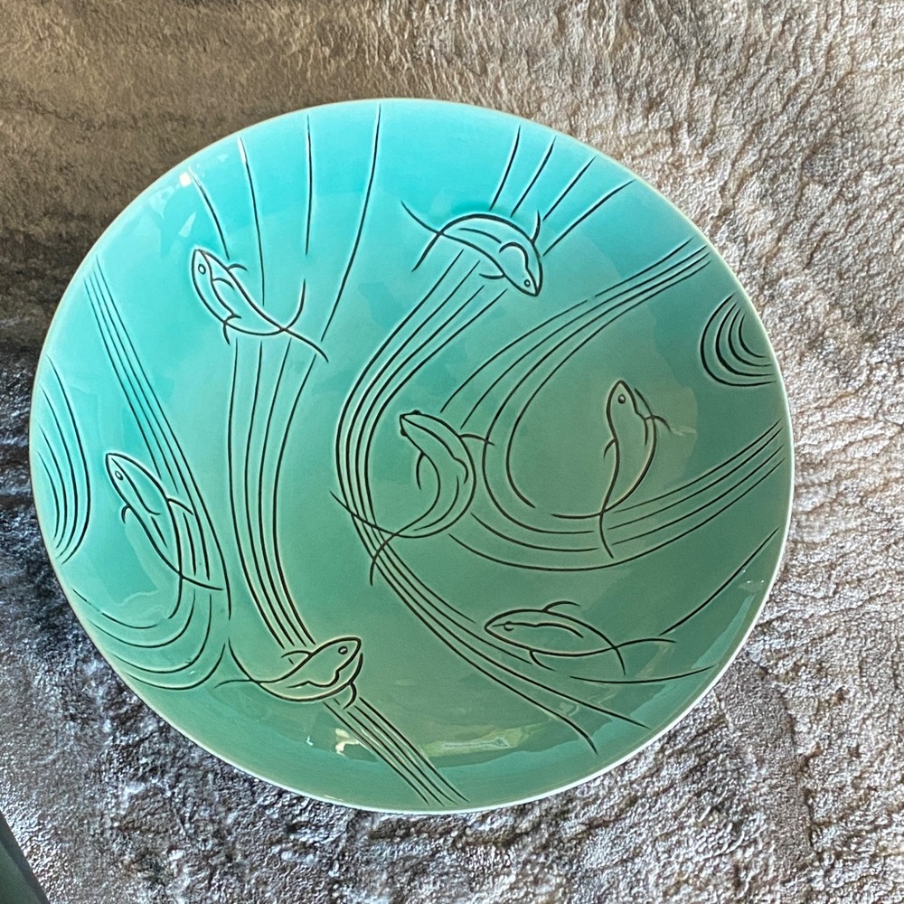 Roselane  mid-century modern Aqua Marine 14” aqua Bowl Wrought Iron Stand - Picture 2 of 9